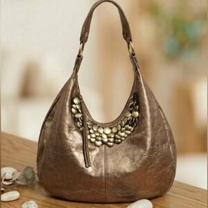 Franco Sarto Metallic Bronze Gold Leather Hobo Bag Coin Medallion Shoulder Bag
